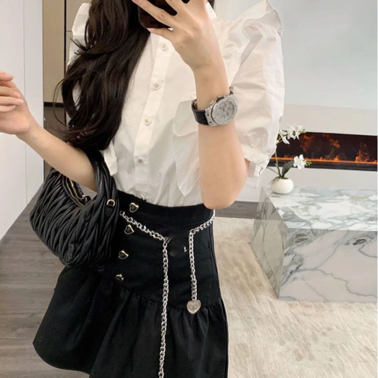 New small white ruffle edge thin pleated top high waist pleated A word short skirt two-piece set L5026