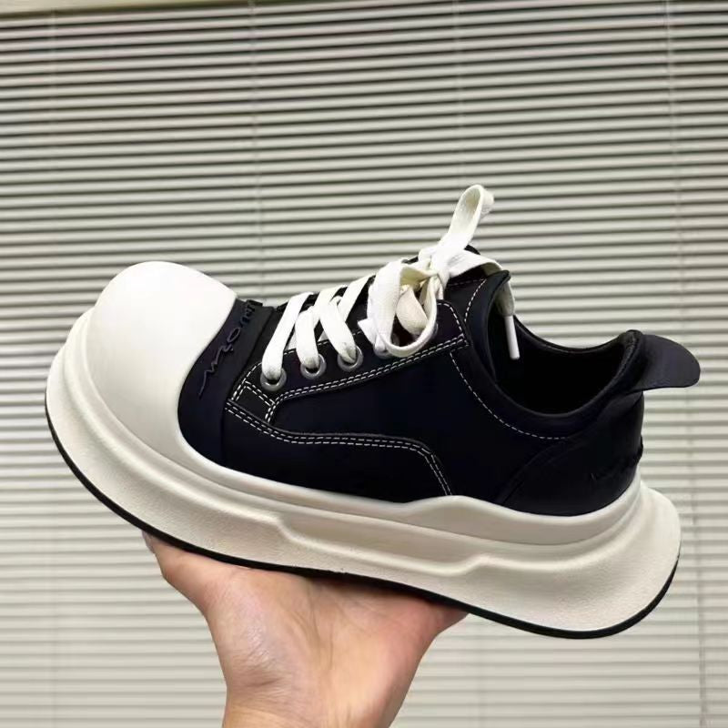 loveccr Black and White round Head Mickey Big Head Shoes Female Spring New Genuine Leather All-Match Casual Sneaker Platform Height Increasing Shoes