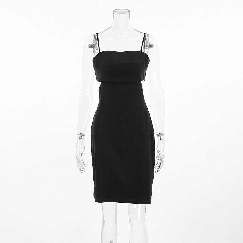 2025 popular Summer Black Mysterious Sexy Suspender Square Neck Hollow Dress Hot Trade Slim Women's Short Skirt
