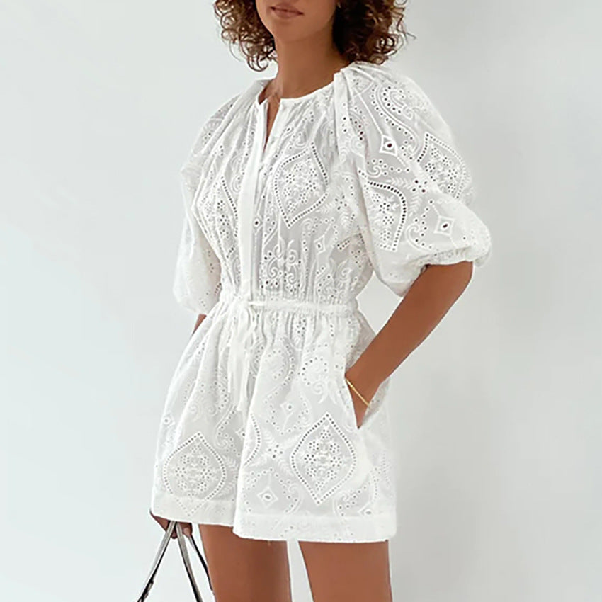 2025 fashion casual white jacquard jumpsuit shorts women's summer waist pure cotton bubble sleeve onesie