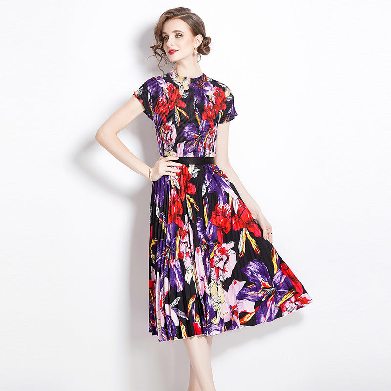 Pleated summer new fashion slim-fit shirt + printed pleated skirt two-piece set