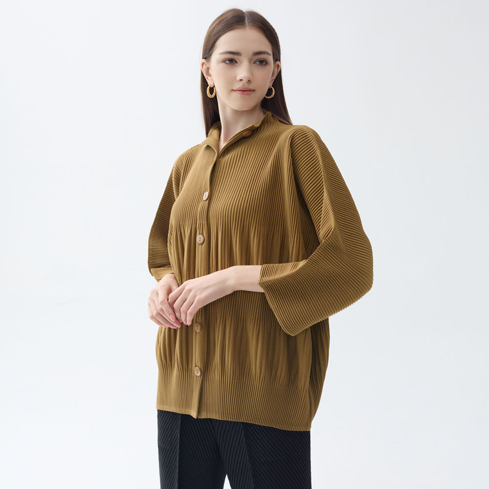 spring new thickened single-breasted shirt women's solid color pleated loose casual style with long-sleeved top