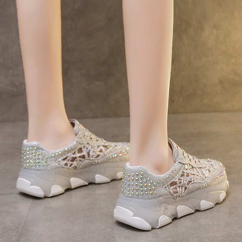 loveccr Breathable Rhinestone Dad Shoes Women Summer New Korean Style Lace Jelly Thick Bottom Casual Sneaker Women Wholesale