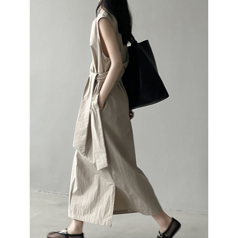 Yan Shuangfu Waist Belt Sleeveless Dress Summer New Design Sense Tea Break A- line Dress 9098
