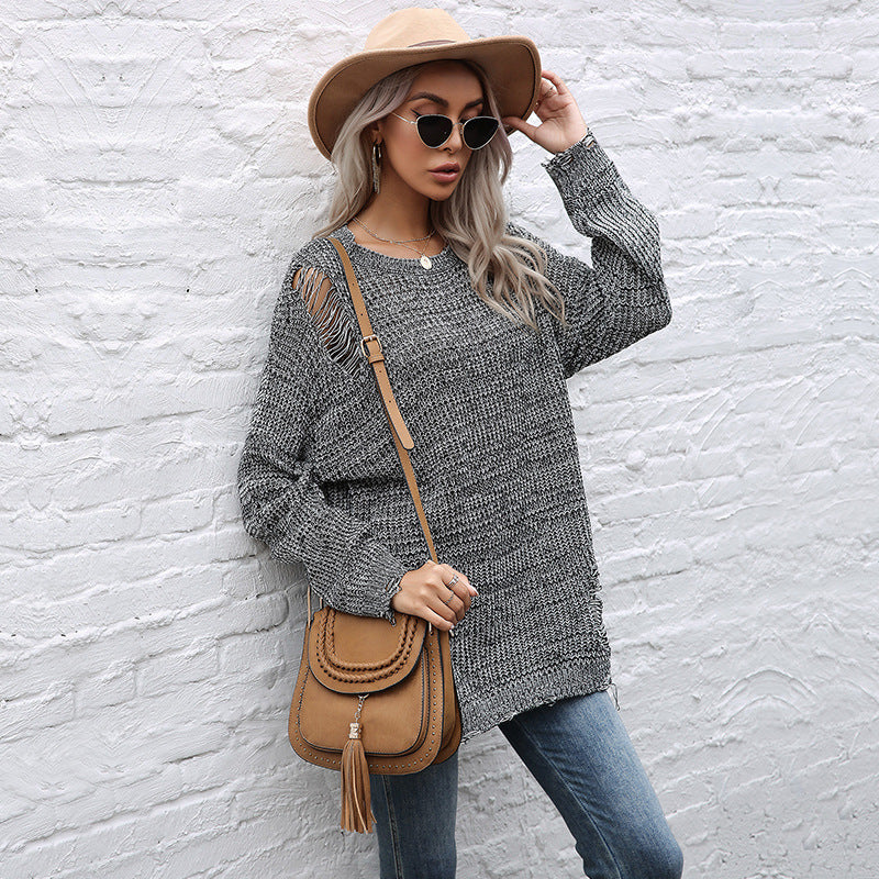 LOVECCR autumn and winter 2025 crew neck loose knitting popular new medium and long ripped sweater Guangzhou Popular trade
