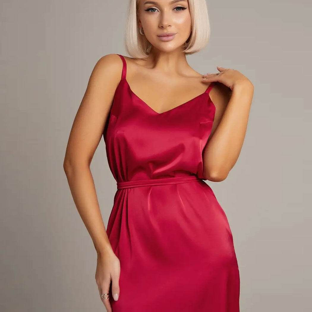 LOVERCCR Zip-up V-neck Waist-Tight Suspender Dress Elegant Lace-up Long Dress