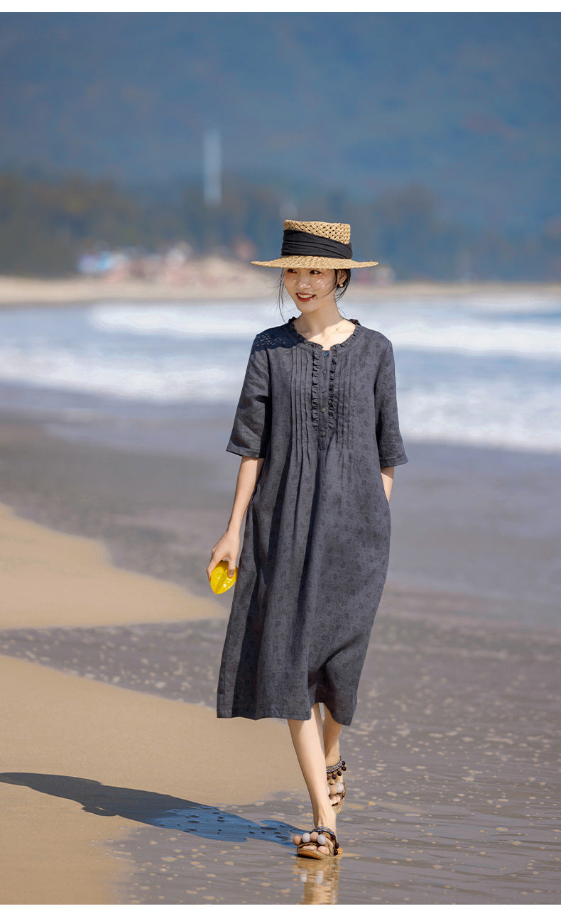Linen Floral Dress Vintage Lacework round-Neck Organ Pleated Middle-Sleeve Floral-Print A- line Skirt 24 Spring and Summer Original New