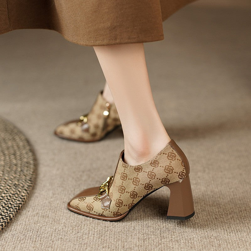 loveccr Retro Square Toe Chunky Heel Pumps Women's Spring and Autumn New Brown Deep Mouth Fashion Casual High Heels Fashion Shoes Pumps