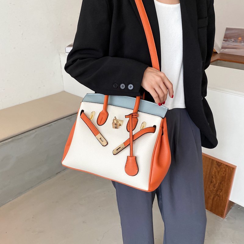 loveccr Cross-Border Large Capacity Birkin Bag Retro Fashion Handbag Women's Foreign Trade New Lychee Pattern Contrast Color Shoulder Messenger Bag