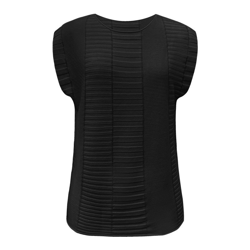 Miyake summer breathable solid color knitted sweater fashionable sleeveless T-shirt loose waist striped thin casual top women's summer