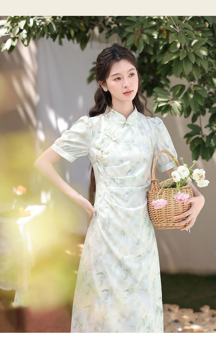 LOVECCR Fresh Style Green Floating New Chinese Style Light Green Short Sleeve Dress Ancient Style Tight Waist Niche Elegant Thin Fresh Cold Style Cheongsam