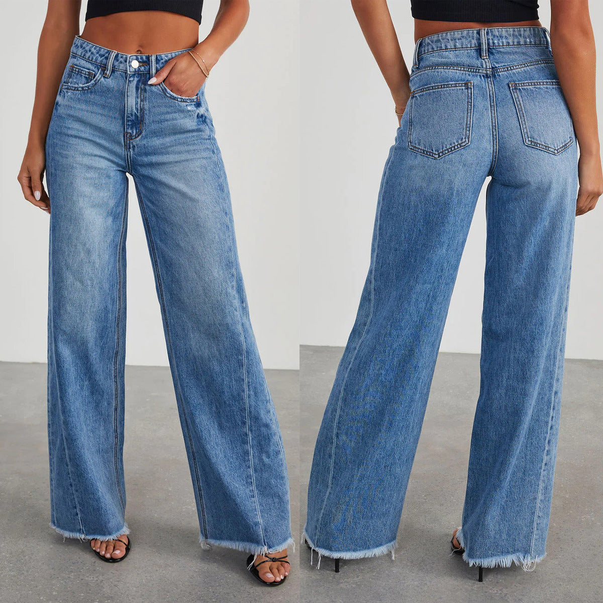 European and American Women's Clothing New Loose Wide-Leg Side Seam Stitching Frayed Hem Jeans for Women 32150