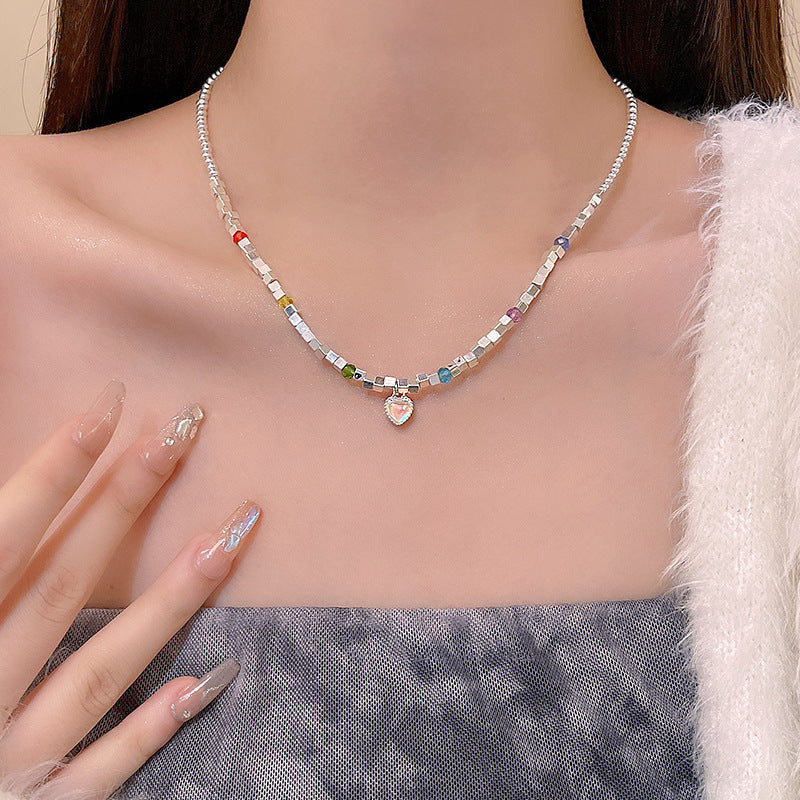 LOVECCR Light Luxury Minority All-Matching Graceful Pearl Necklace Super Fairy Sweet Fresh Loving Heart Zircon Titanium Steel Clavicle Chain Neck Chain