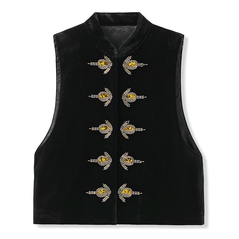 Solid color national style sequins simple vest new Chinese temperament high sense light luxury new black top women M6043