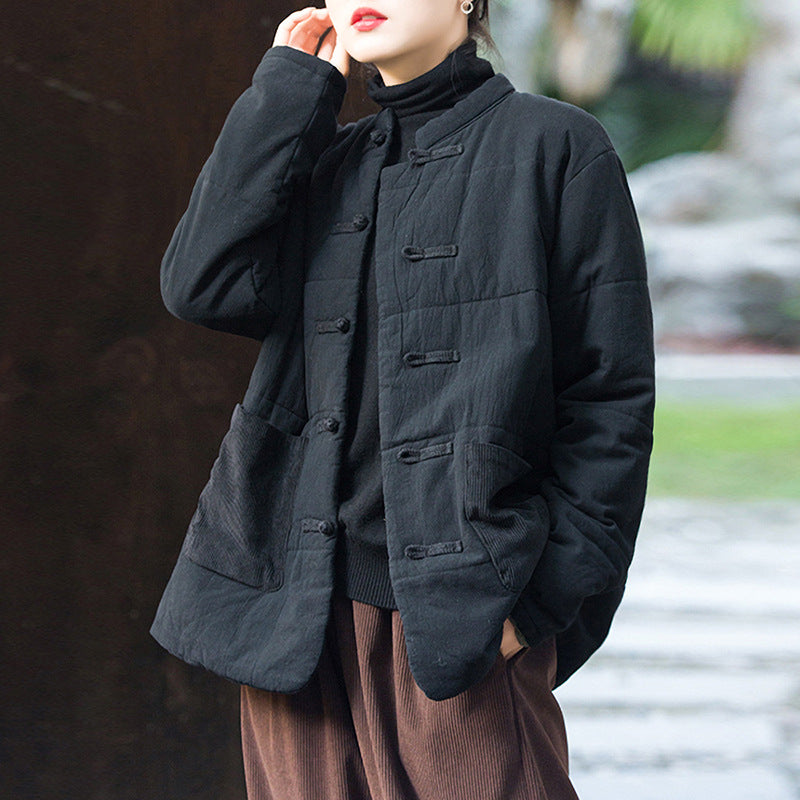 Padded and thickened padded jacket for women popular winter loose Tang suit buckle ethnic style cotton-padded clothing Zen tea clothing retro cotton-padded clothing