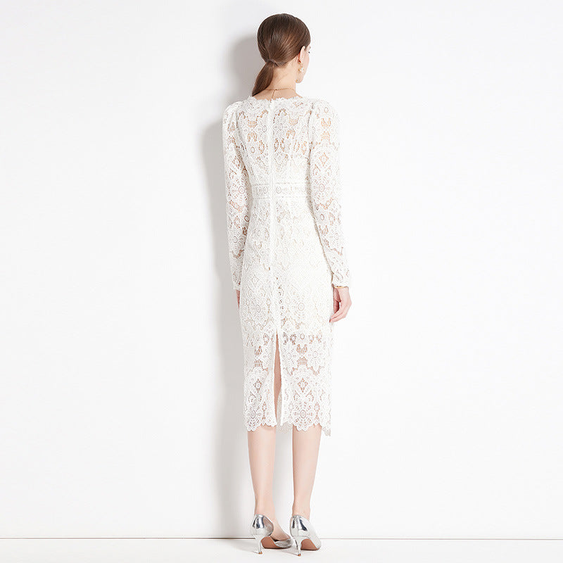 Spring and Autumn Premium Beige Heavy Industry Lace Long Sleeve V-Neck Dress High Waist Slim Fit Paper Man Pencil Long Dress
