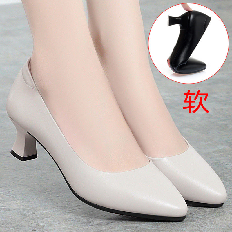 loveccr Genuine Leather Stewardess Work Shoes Women's Black Leather Shoes Small Heel Professional Business Workwear Formal Wear Mid-Heel High Heel Interview Women's Shoes