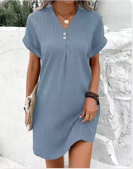 LOVECCR Cross-Border European and American Women's Clothing New Hot Sale V-neck Solid Color Pullover Leisure Button Dress in Stock