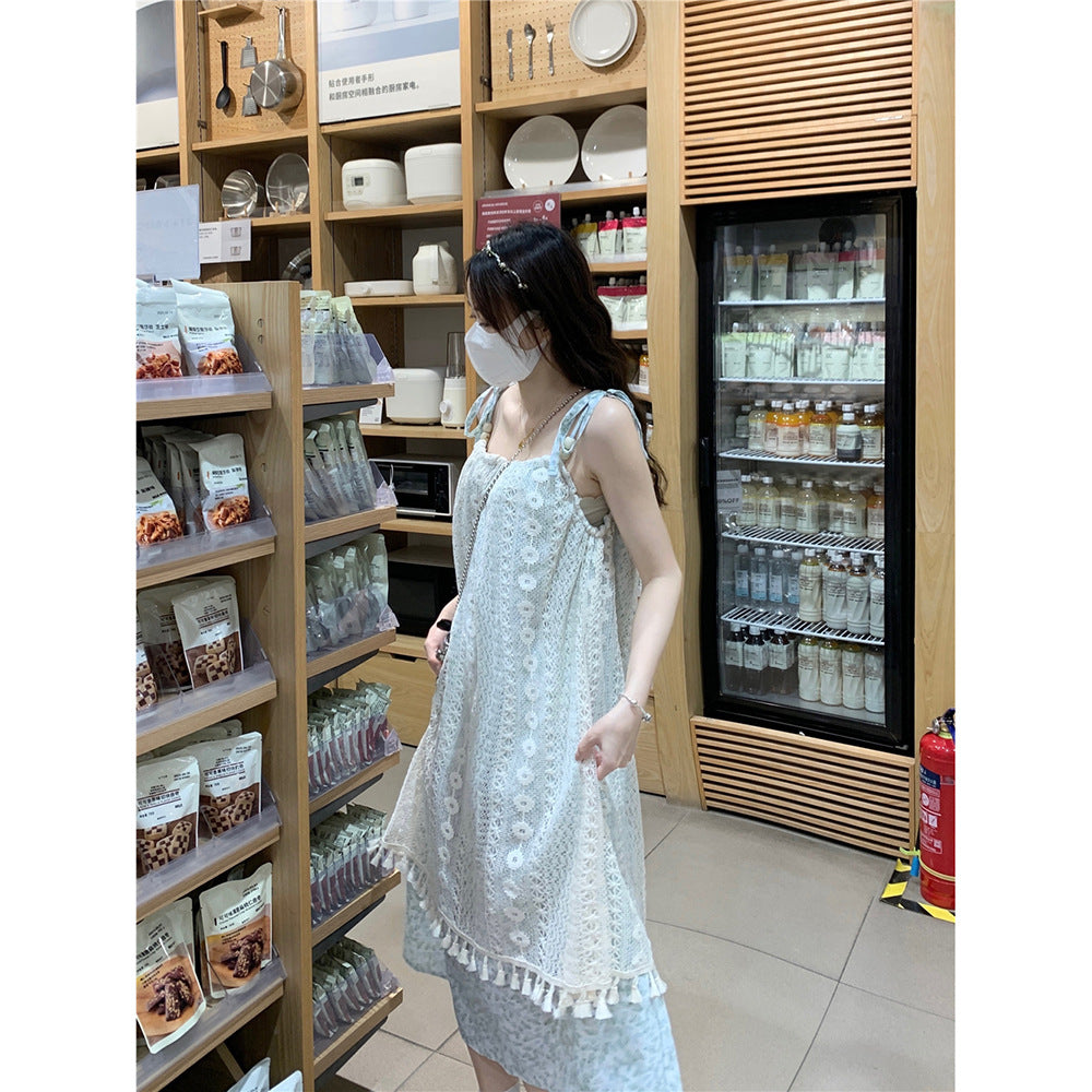 LOVERCCR Retro Tassel Splicing Sling Dress Female Spring New Sweet Vacation Style Temperament Slimming Long Dress