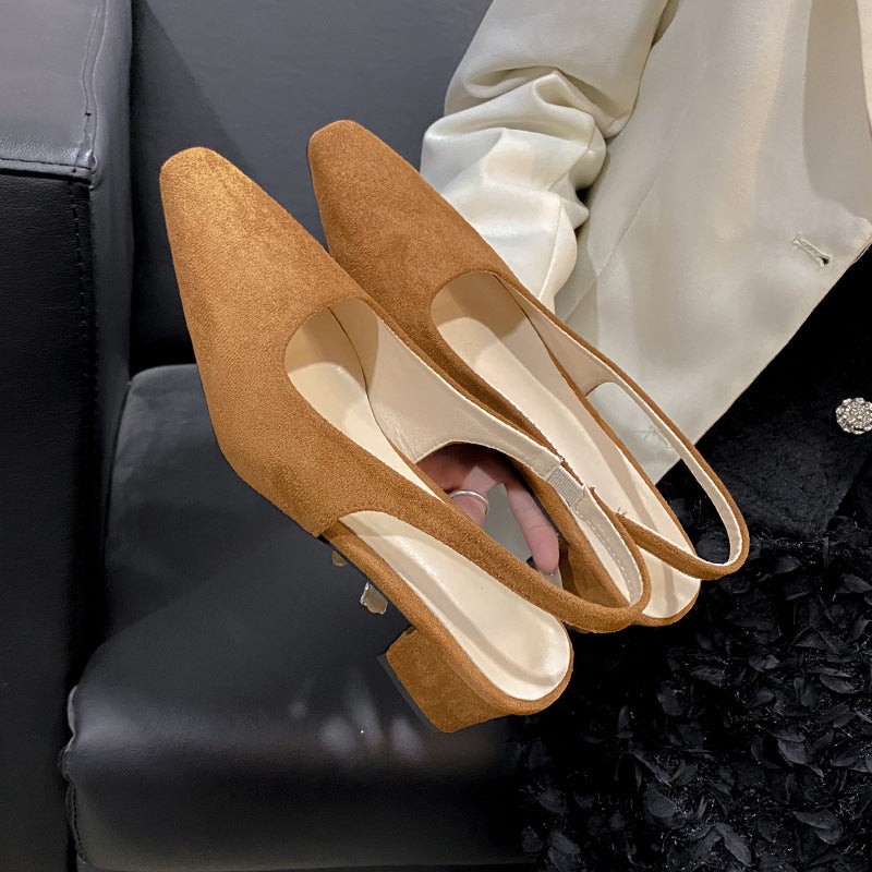 loveccr Red Pointed Toe High Heel Sandals for Women New Closed Toe Chunky Heel Not Tired Feet Simple Fashion Back Hollow Suede Sandals