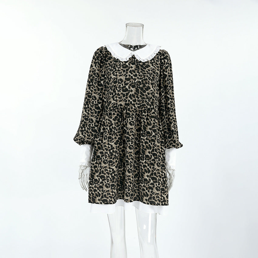 2025 Leopard print V-neck bubble sleeve splicing ruffle leaf edge pullover dress popular new spring fashion wholesale women