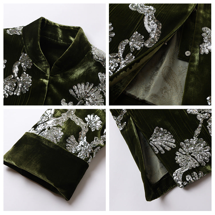 spring new new Chinese satin button-up top national style temperament jacquard green cotton jacket M3016