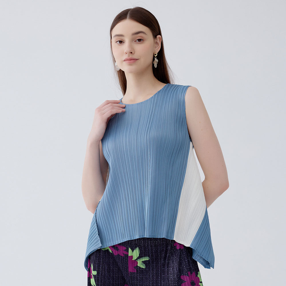 Contrasting color top women's summer new irregular design sense simple sleeveless round neck special-shaped top women