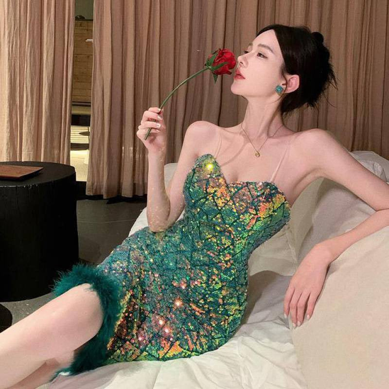 LOVECCR Socialite Retro Green Sequin Shiny Sheath Party Evening Dress Elegant Sexy Slim Strap Dress