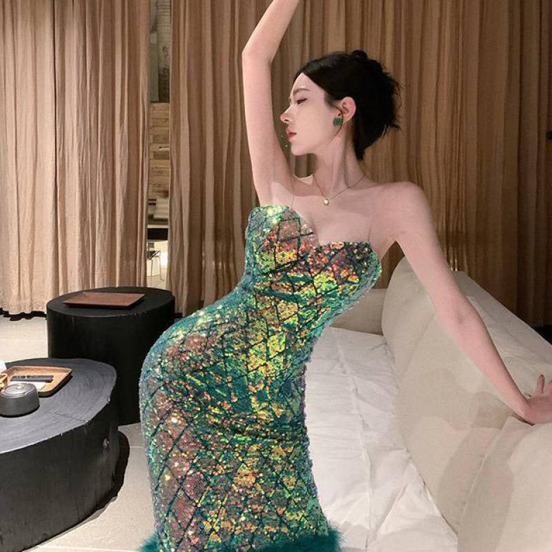 LOVECCR Socialite Retro Green Sequin Shiny Sheath Party Evening Dress Elegant Sexy Slim Strap Dress
