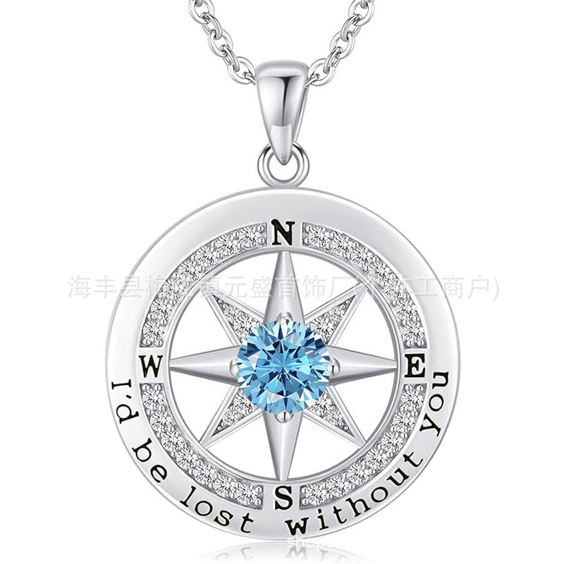 HOT and NEW Cross Border S925 Sterling Silver Compass Compass Necklace Female Twelve Birthstone Pendant Clavicle Chain