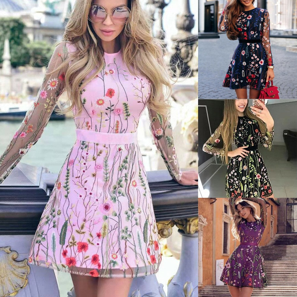 2025 New spring new 2025 women's clothing dress embroidered bohemian flower A-word skirt