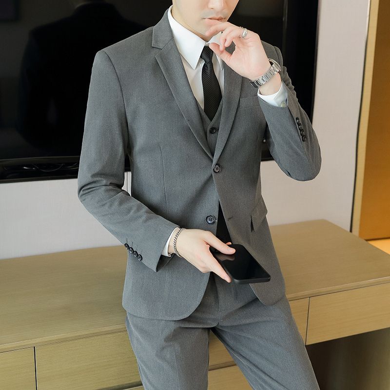 LOVECCR Formal Wear Gray Two Buckle Suit Suit Men's Three-Piece Suit Men's Business Casual Suit Korean-Style Slim Fit Groom Dress