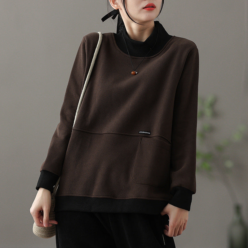 Retro turtleneck sweater fleece thickened women's popular winter new loose and thin casual versatile long-sleeved top