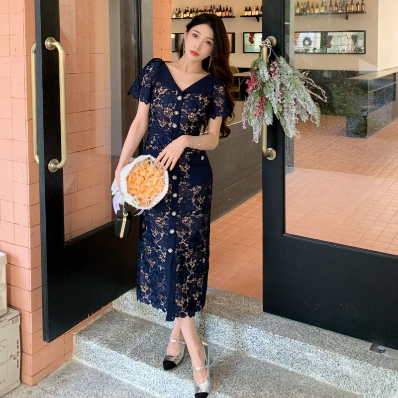 LOVECCR Early Spring New Women's Clothing Water Soluble Lace Dark Blue Large Lapel High Waist Slimming Dress Long Dress Evening Dress