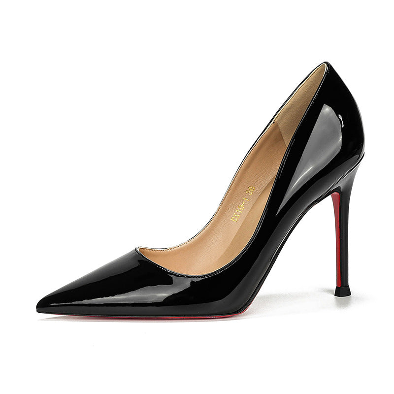 loveccr Nude Color Side Empty Red High Heel Shoes Women's Stiletto Heel New Pointed Low-Cut Patent Leather Sexy Temperament Genuine Leather Pumps