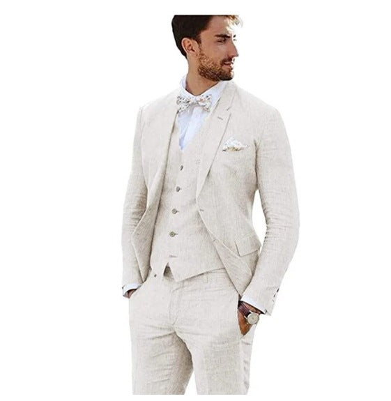 LOVECCR Men's Linen Slim Fit Suit Wedding Western Slim Fit 3 Piece Set Groom Swallowtail Best Men's Prom Suit