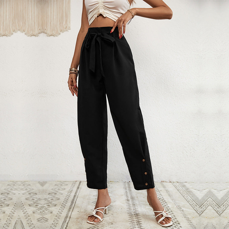 LOVECCR Hot new 2025 foreign trade long pants lace-up commuter high-waisted nine-point pants women