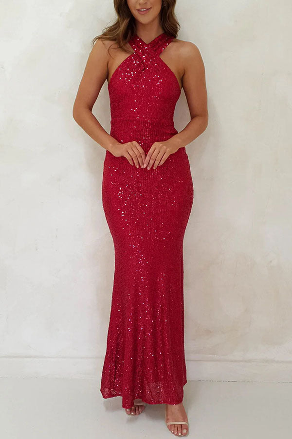LOVECCR Cross-Border Foreign Trade Independent Station New European and American Sexy Backless Sleeveless Sequined Maxi Dress Evening Dress