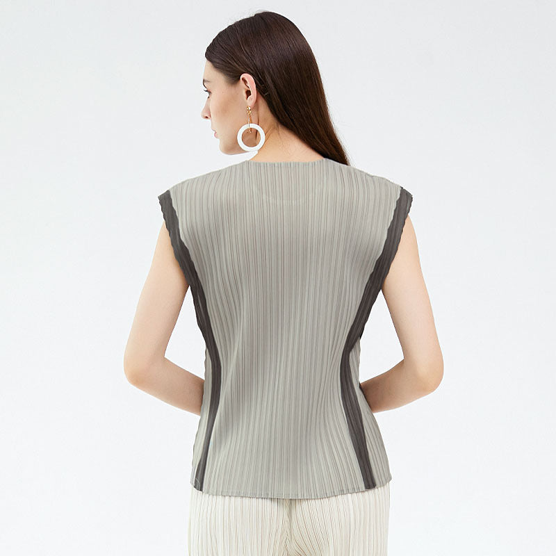 Miyake splicing top niche design sense new women's clothing crew neck pleated loose t-shirt women's summer leisure