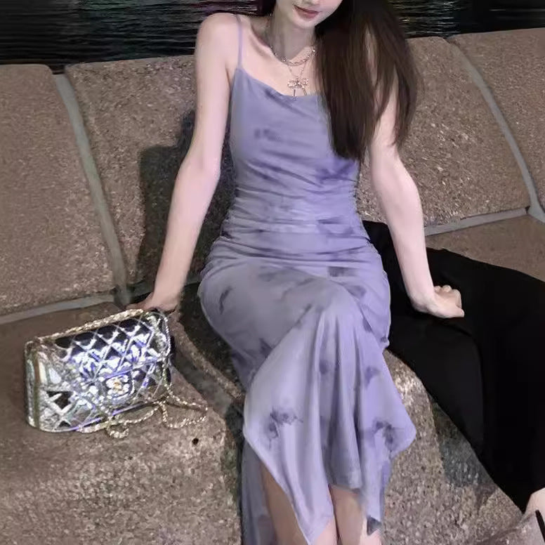 Purple Floral Strap Dress Women's Summer Seaside Vacation Beach Short Skirt Early Spring New