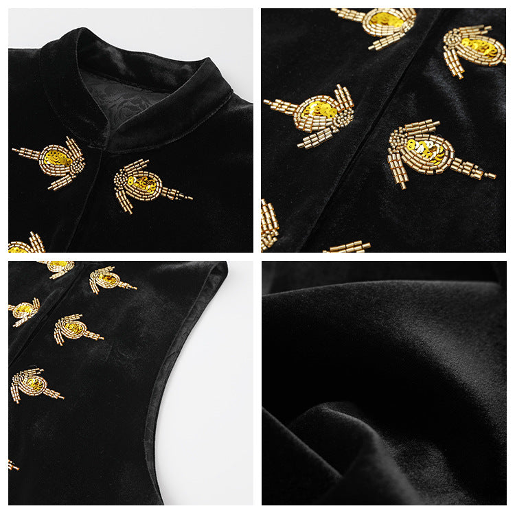 Solid color national style sequins simple vest new Chinese temperament high sense light luxury new black top women M6043