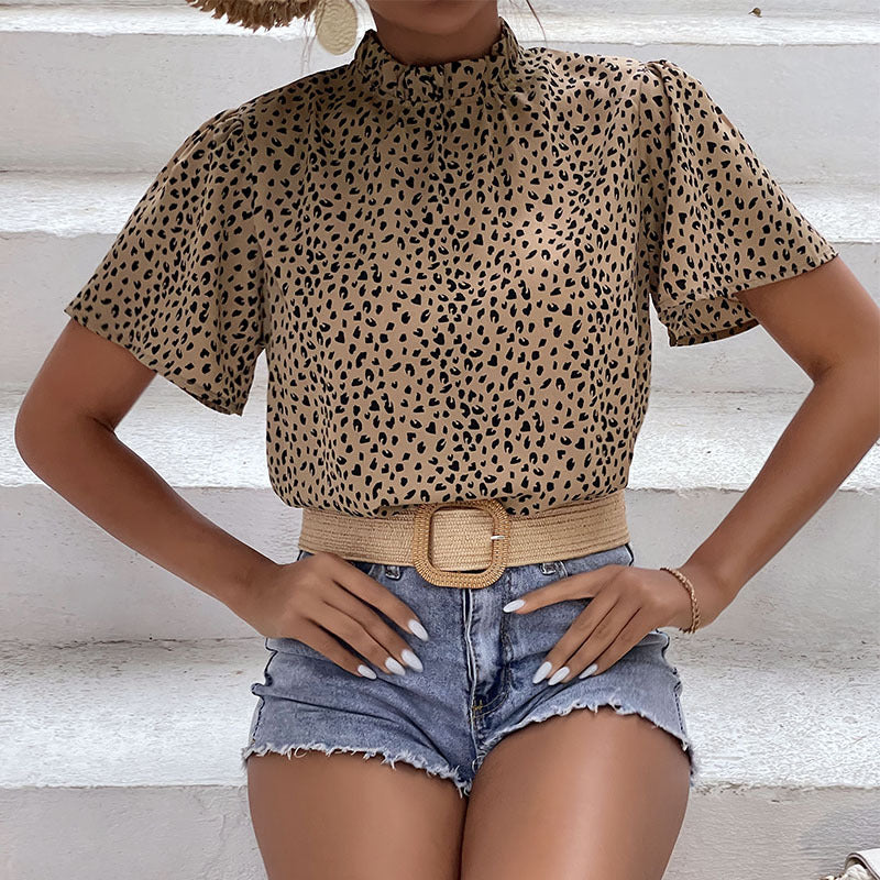 LOVECCR popular summer new 2025 pullover short-sleeved design sense niche fashion leopard print shirt
