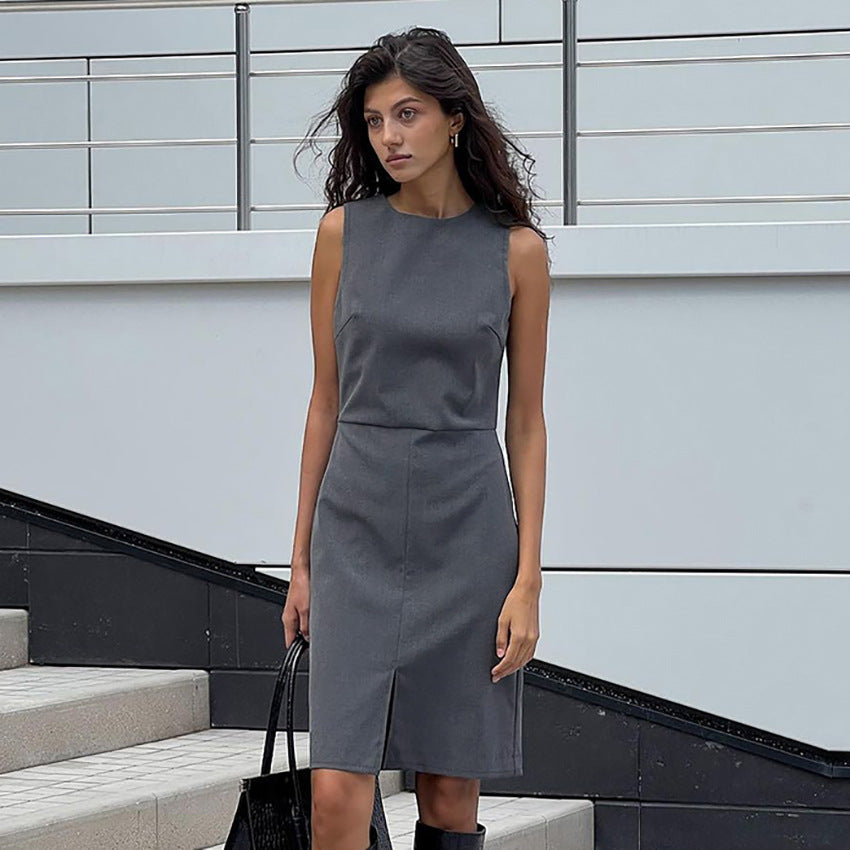 2025 Grey round neck sleeveless sexy split dress new autumn fashion Popular trade commuter skirt women