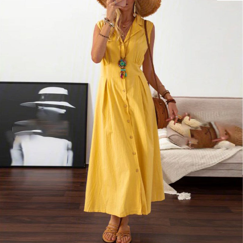 LOVECCR European American Summer New Skirt Lapel Women's A- line Vintage Cotton Linen Long Dress