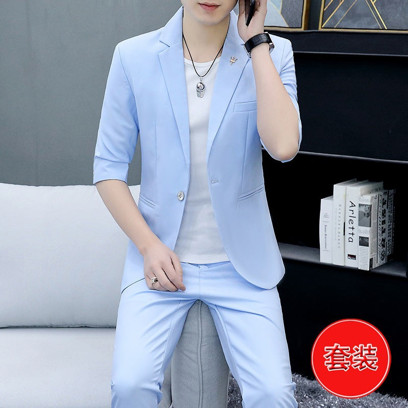 LOVECCR Suit Men's One Suit Matching Summer Korean Style Trendy Fashion Dress 3/4 Sleeve Non-Ironing Casual Small Suit