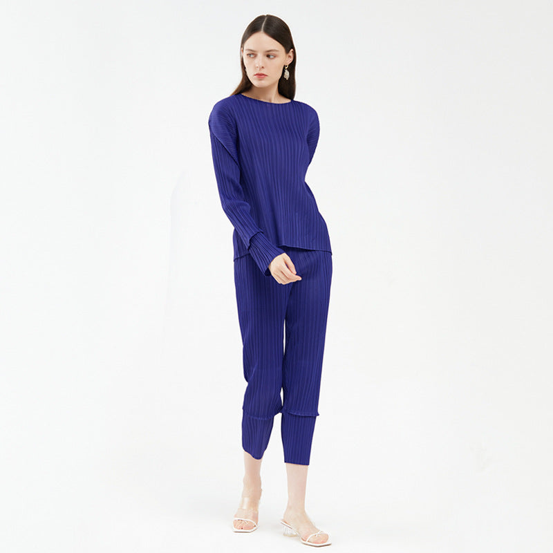spring new women's clothing splicing casual suit long-sleeved top fashion versatile pants two-piece set women