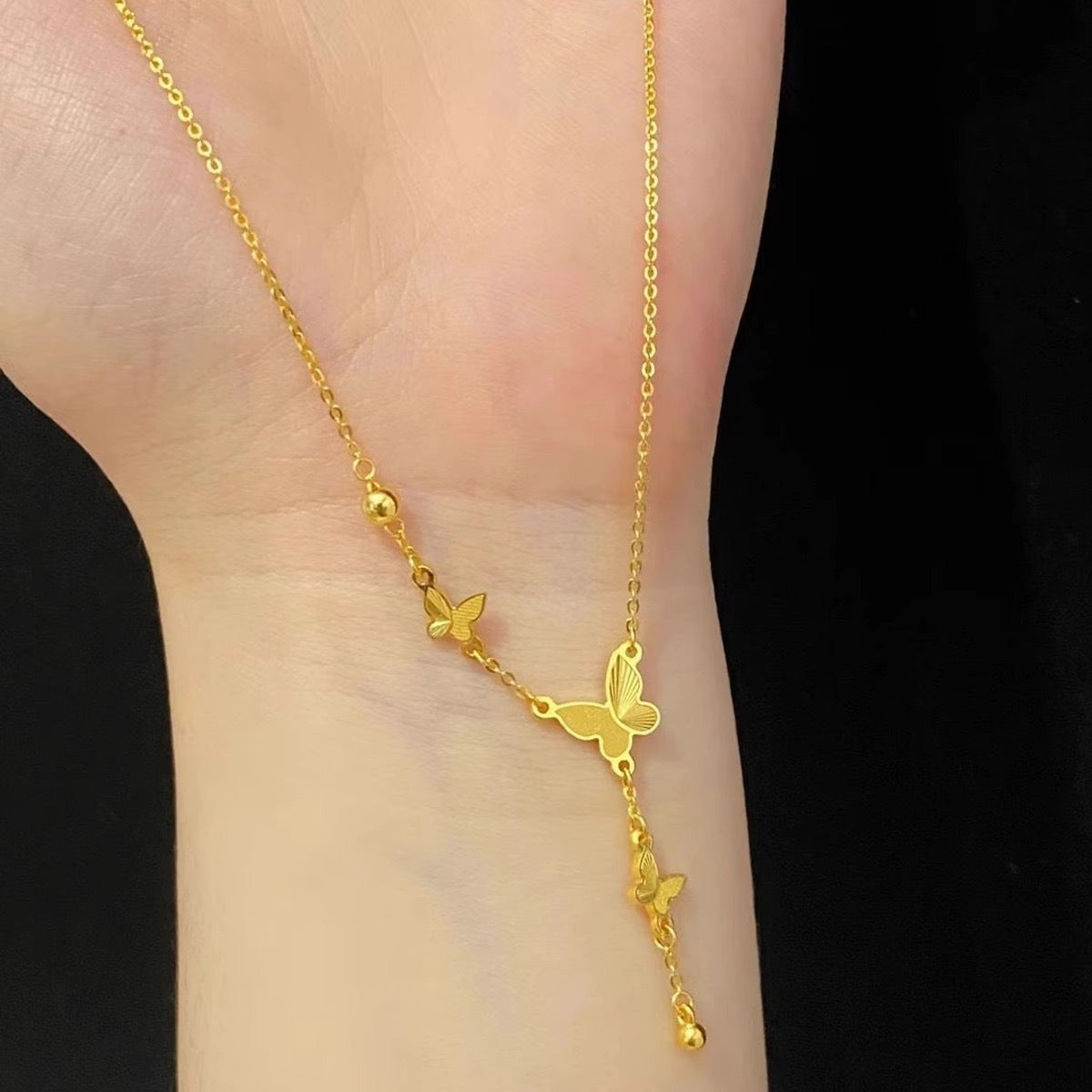 New Ancient Style Golden Butterfly Tassel Necklace Women's Gentle High-Grade Versatile Special-Interest Design Titanium Steel Clavicle Chain