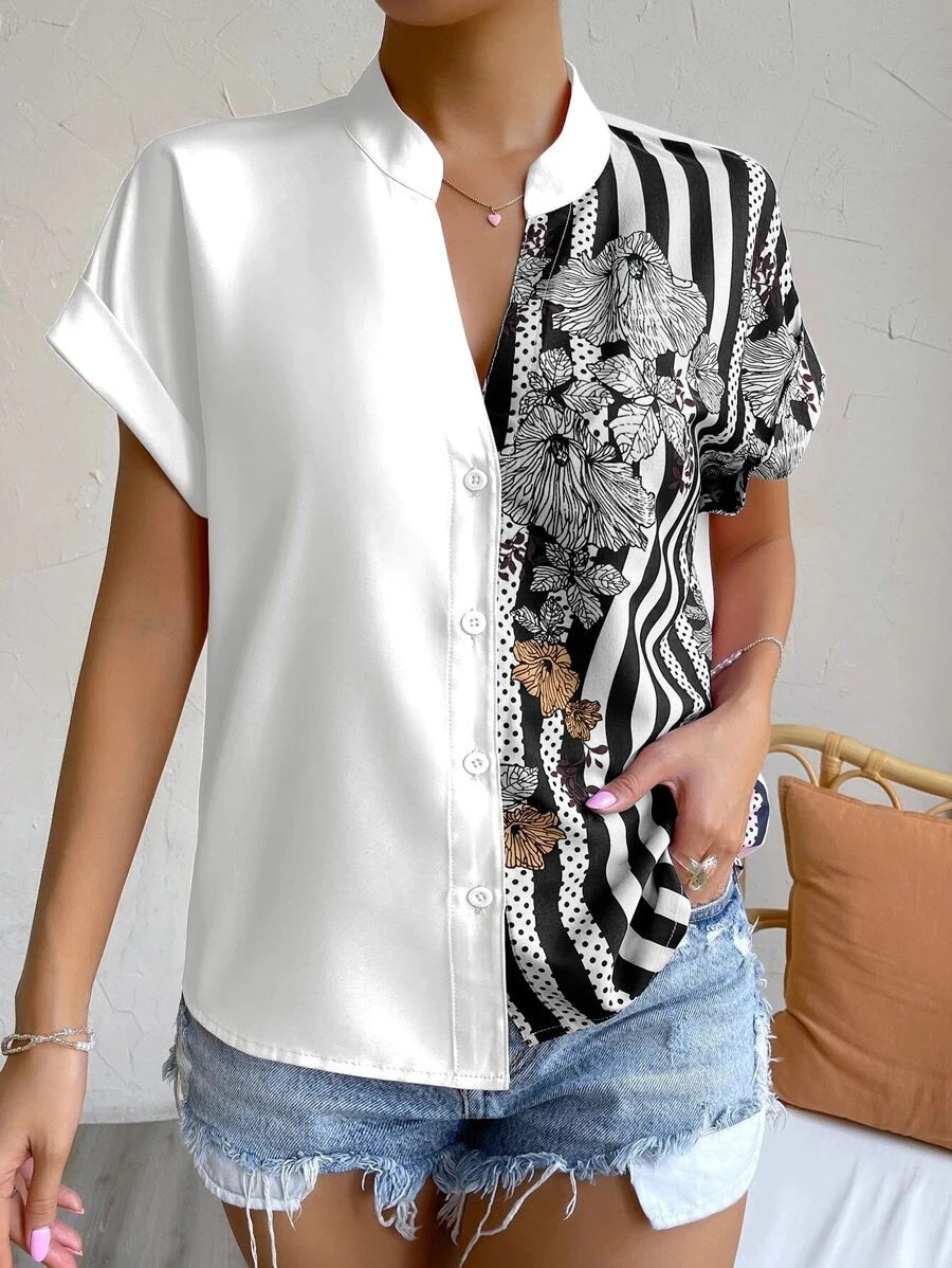 2025 Popular, , New women's clothing summer new double-spell contrasting color flower button cardigan short-sleeved shirt women