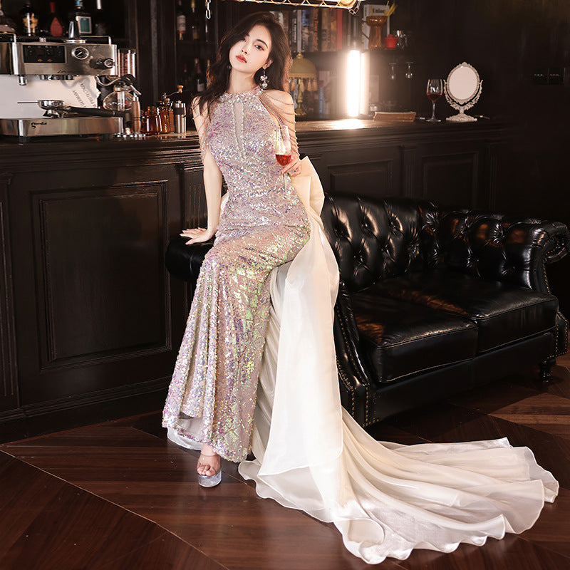 LOVERCCR High-End Evening Dress for Women High-End Affordable Luxury Banquet Host Trailing Wedding Dress Fishtail Sexy Halter Long Dress