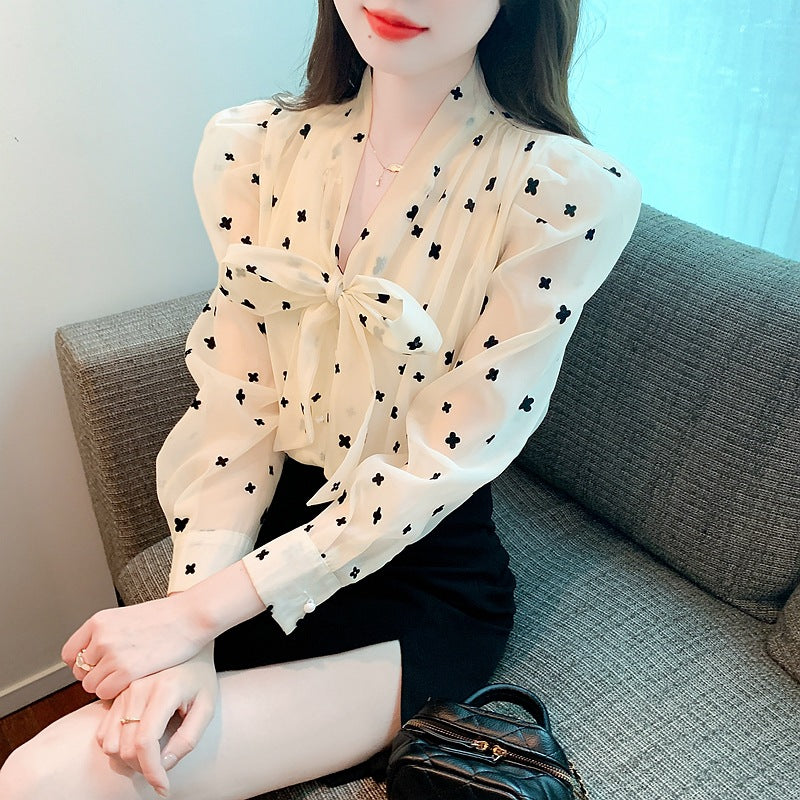Flocking bow long-sleeved chiffon shirt women's spring 2025 new trend fashion design niche top